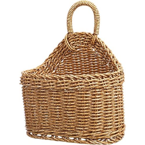 Plastic Woven Wall Hanging Basket: Rustic Wicker Garlic Potato Onion Fruit Flower Storage wall Basket Kitchen Vegetable Keeper Organizer holder Bin for kitchen boho wall decor, 9.3X7.5X4.7In