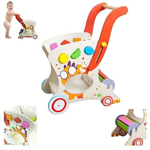 Kids Shopping Cart Wooden Baby Walker Baby Push Learning Walker for Kids Adjustable Handle Height