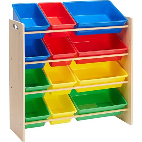 Amazon Basics Kids Toy Storage Organizer With 12 Plastic Bins, Natural Wood With Bright Bins, 10.9" D x 33.6" W x 31.1" H