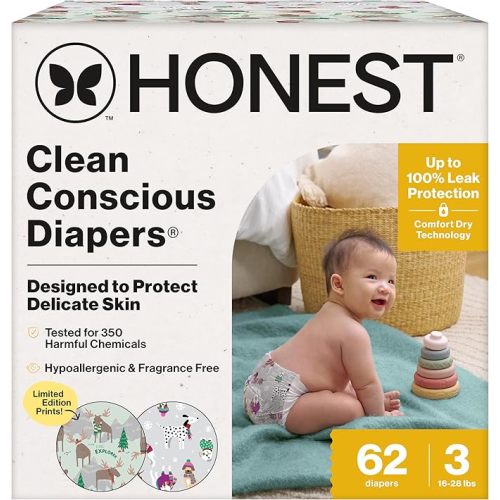 The Honest Company Clean Conscious Diapers for Delicate Skin | Up to 100% Leakproof | Hypoallergenic, Fragrance Free | Winter '25 Limited Edition Prints | Club Box, Size 3 (16-28 lbs), 62 Count