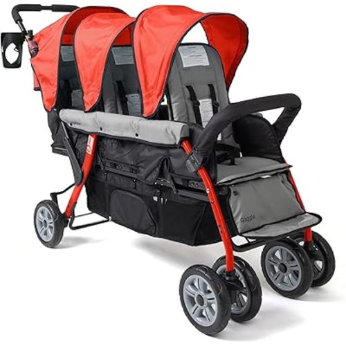 Gaggle by Foundations Compass 3 Seat Triple Stroller | Foot Brake | Shock-Absorbing All-Terrain Wheels | Easy Folding | Red