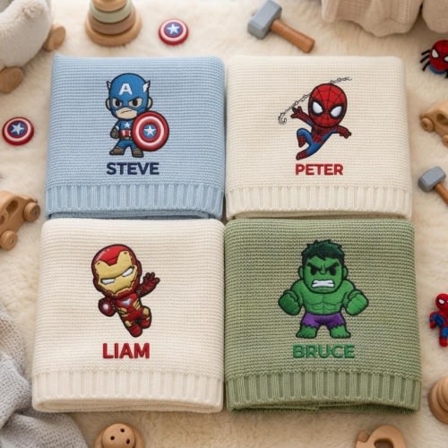 Custom  Super Hero Embroidered Knit Baby Blanket, Personalized Name Spider Man Newborn Blanket, Marvel Nursery Keepsake, Newborn Gift