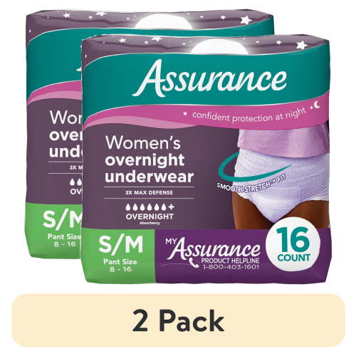 (2 pack) Assurance Women's Overnight Incontinence and Postpartum Underwear, S/M, Ultimate Absorbency, 16 Count