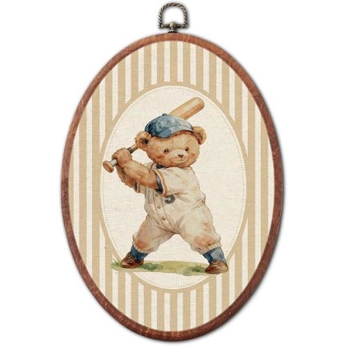 Vintage Baseball Teddy Bear Nursery Oval Wall Art Framed, Sports Striped Canvas Prints, Classic Batter Retro Boy or Girl Gift Hanging Wall Decor for Kids Toddler Room Bedroom Playroom, 8.6x11.4 Inch