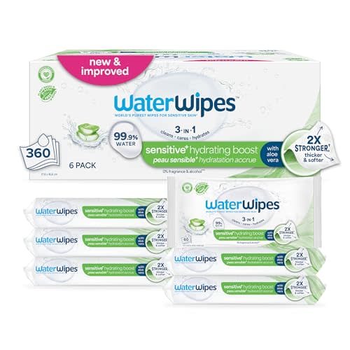 WaterWipes Sensitive+ Hydrating Boost Wipes, 3-In-1 Cleans, Cares, Hydrates, 99% Water with Aloe Vera, Unscented & Hypoallergenic Baby Wipes, 360 Count (6 Packs)