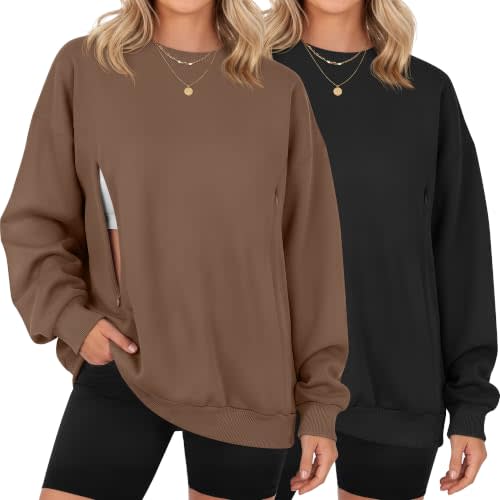 Locoowai 2 Pack Women's Oversize Nursing Sweatshirts | Breastfeeding Shirts, Long Sleeve, Hidden Zipper, Crew Neck, Casual, Maternity Tops, Daily, for Postpartum, Pregnancy Clothes