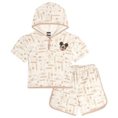 Disney Mickey Mouse Baby Boys' Short Sleeve French Terry Hooded Graphic Top and Allover Print Shorts Outfit Warm Grey Mickey Mouse 24 Months