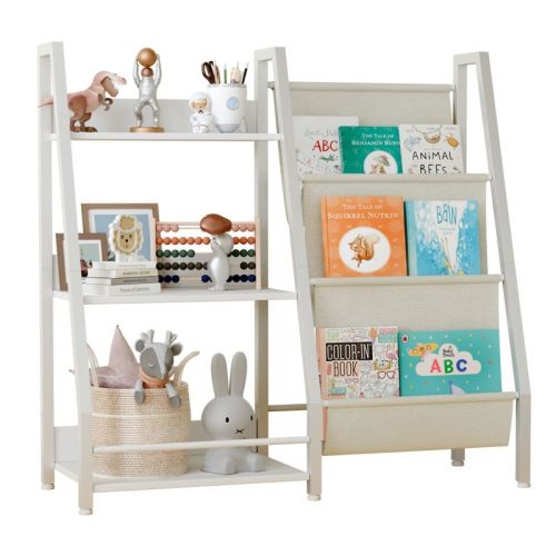 AZL1 Life Concept Kids Bookshelf Book Shelf Sling Bookcase Side Pocket Baby Toy Organizer Nursery Playroom Toddler Childrens, White, 32.7"*11.8"*28.9"