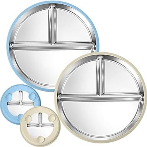 BUSOHA 2 Pack Stainless Steel Kids Plate with Suction - 9” Divided Toddler Baby Plates with Silicone Sleeves Non-Slip 2-in-1 Anti Breakage Metal Toddler Bowls Microwave Dishwasher Safe