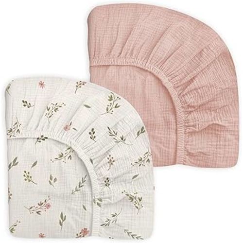 Crib Sheets for Baby Boy Girl 2 Pack, Fitted Crib Mattress Sheet 28" x 52", Muslin Toddler Bedding with Neutral Style, Nursery Bedding Essentials (Petal Leaf & Pink)
