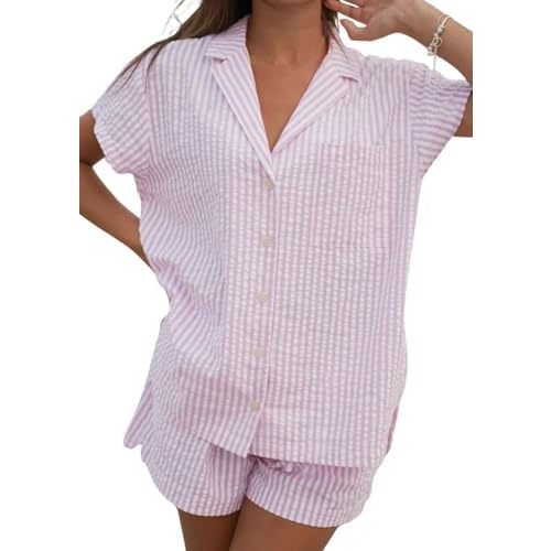 codcm Womens Striped Pajama Set Cute Heart Pjs Sleepwear Short Sleeve Shirt and Shorts Set