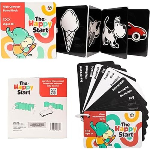 Happy Start High Contrast Baby Cards, Tummy Time Toys & Book Set - Infant Vision Development Bundle (0-12 Months, English)