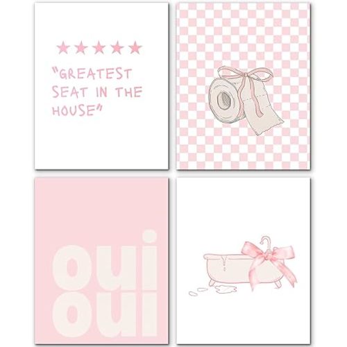JINYO Coquette Pink Bow Trendy Bathroom Wall Art Prints Set of 4, Preppy Girly Aesthetic Pink Wall Decor Posters Pictures for Girls Bathroom Washroom Restroom, 8x10 Unframed