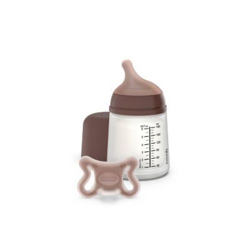 Suavinex Zero Newborn Starter Bottle Set Small Anti-Colic Bottle & Pacifier with Adaptable Flow - 2pc - Dark Brown