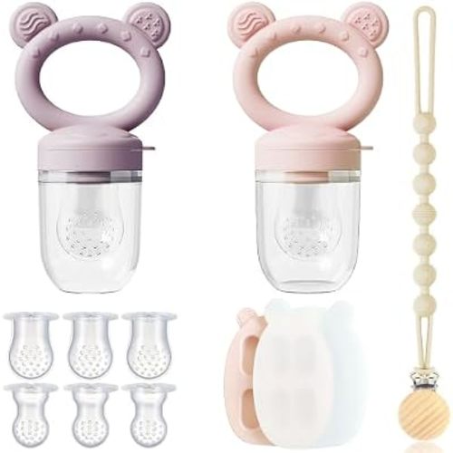 4-Pack Baby Fruit Feeder Set with Anti-Drop Clip, Freezer Tray and Pouches