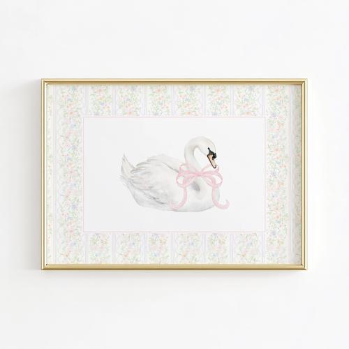 White Swan Girl Room Print, Ballet Nursery Art, Floral Baby Girl Nursery, Watercolor Vintage Swan Girls Room, Blush Pink Bow Coquette Art