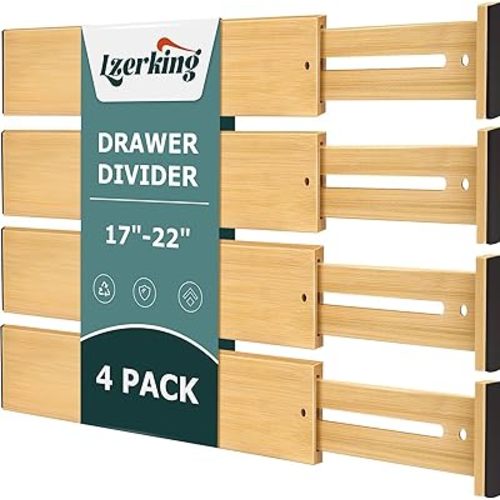 Lzerking Kitchen Drawer Dividers 4 Pack, Adjustable Bamboo Drawer Organizer, 17-22" Expandable Utensil Organizer for Kitchen, Dresser, Closet, Bedroom, Bathroom