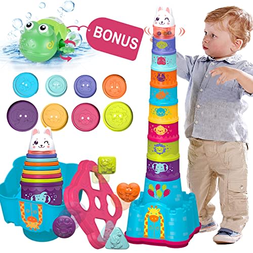 LTKFFFdp Baby Stacking Toys for Toddlers 1-3, Nesting Cups Shape Sorter for Infant 6 to 12-18 Month, Stackable Learning Toy with Blocks, Rattle & Frog Bath Toy, for Girl Boy Birthday | with Rattle & Frog, Outside/Bath/Beach/Playpen Toys for 1 Year Old ...