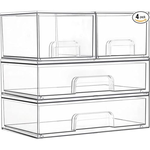 Vtopmart Stackable Storage Drawers Set of 4, Clear Plastic Organizer Bins for Bathroom Supplies,Ideal for Cabinet,Pantry,Laundry Room Organization