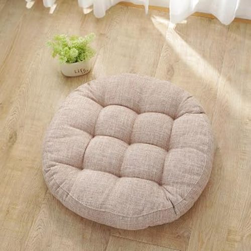 Round Cotton Linen Chair Cushion 18"x18"x4" Tufted Soft Comfort Chair Pads Solid Color Seat Cushions for Indoor Dining Room Kitchen and Office Chairs Patio (Khaki,18"x18")