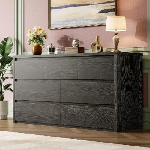 53" 7-Drawer Waterproof-Top Dresser, Anti-Tip Kit, Smooth Rails, Slim 15.6" Deep, Classic-Black Farmhouse Storage for Living Room, Hallway Entryway