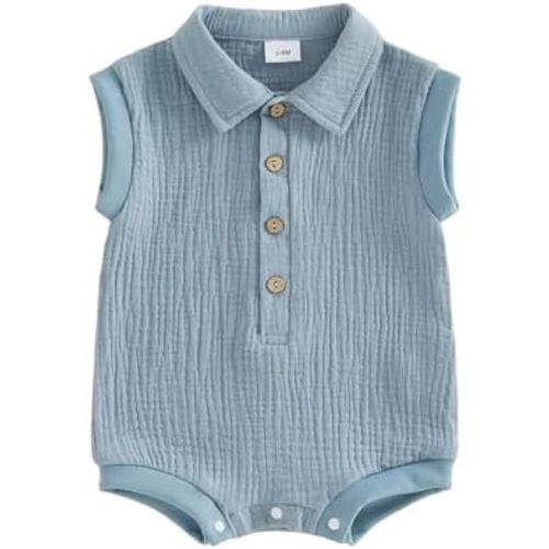 Honganda Newborn Baby Boy Cotton Linen Romper Short Sleeve Lapel Collar Button Down Jumpsuit Summer Solid One Piece Outfit
