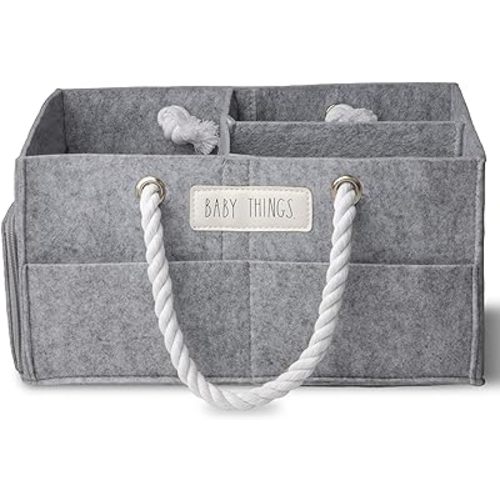 Rae Dunn Diaper Caddy Organizer, Things Storage for Nursery, Changing Table and Car, Portable Basket for Baby Items, Shower Gifts, Grey Felt With Rope Handles, Small