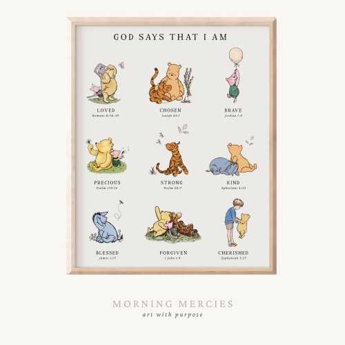 Classic Winnie The Pooh Wall Art, God Says I AM Biblical Affirmations, Christian Nursery Decor, Inspirational Scripture Print, Kid's Room