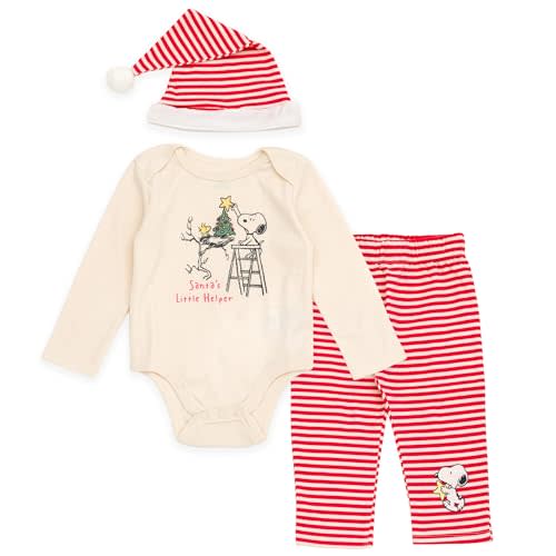 Peanuts Christmas Baby Bodysuit, Pants and Velour Santa Hat 3 Piece Outfit Set