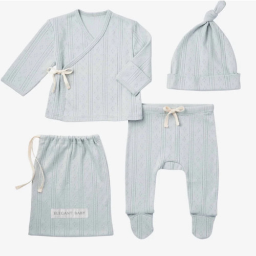 Pale Blue Organic Cotton Pointelle Layette 3 Pc Gift Set