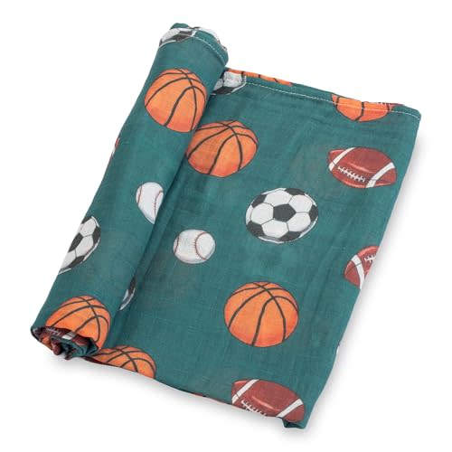 LollyBanks Muslin Swaddle Blankets, 100% Cotton Baby Swaddle Blanket for Boys, Large 47 x 47 Inches Newborn Swaddles, Soft and Breathable Baby Receiving Blankets, Registry (Sports Theme Print)