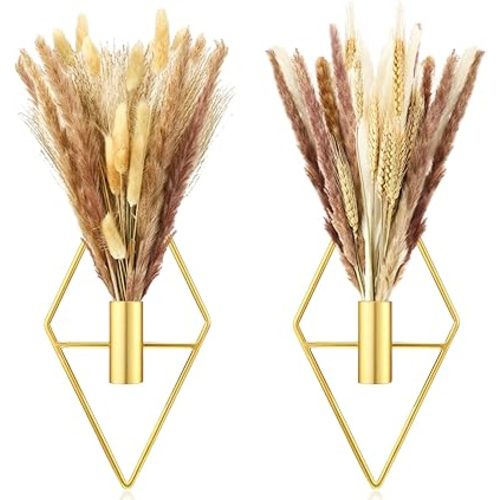 Peryiter 2 Pcs Small Boho Wall Decor Hanging Planters with Artificial Pampas Metal Wall Art Modern Home Decor Display Art for Bedroom Bathroom Living Room(Gold)