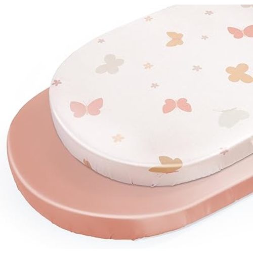 Unicorn Castle Satin Bassinet Sheets Baby 2 Pack Soft for Baby Hair Skin Fitted Bedside Bassinet Sheets for Newborn for Oval Rectangle Hourglass Bassinet Mattress,Beige Butterfly- Blush Pink