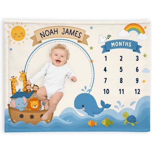 Personalized Noahs Ark Milestone Blanket, Cute Safari Animal Ocean Theme, Custom Name Baby Boy Monthly Growth Tracker, Newborn Photo Prop, First Year Keepsake Nursery Gift