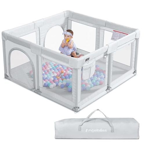 ANGELBLISS Baby Playpen, Large Baby Playard, Indoor & Outdoor Kids Activity Center with Anti-Slip Base, Sturdy Safety Play Yard with Breathable Mesh, Kid's Fence for Infants Toddlers (Grey, 50x50)