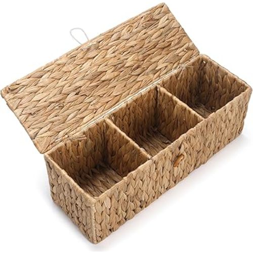 Wicker Bathroom Basket with Lid, Water Hyacinth Toilet Tank Basket with 3 Compartments, Woven Storage Box for Bathroom Organizer (16.7 x 5.7 x 5.7 inch)