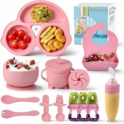 Silicone Baby Feeding Set,Miicasa Baby Led Weaning Supplies Kit With Suction Bowl & Car Plate, Bib, Spoon, Fork, Cup - Food-Grade Silicone, Dishwasher-Safe, No BPAs - For 3+ Months