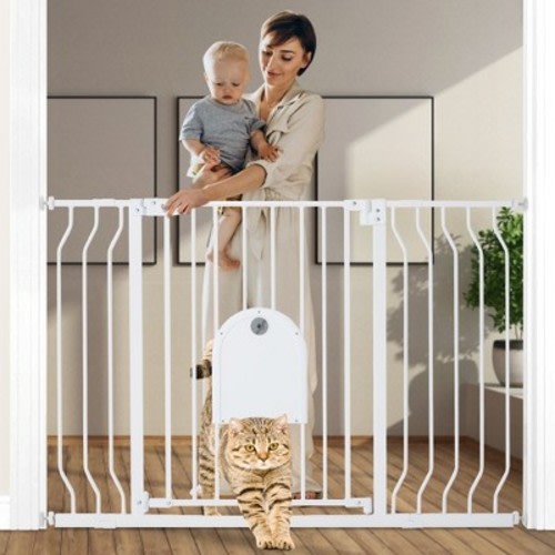 GOTGELIF Baby Safety Gate with Pet Door 29.5" to 48.4" Wide - Auto Close - Pressure Mount - Cat Door - White