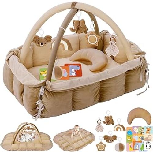 5-in-1 Plush Baby Play Gym, Baby Play Mats, Convertible Baby Gym with Pillow, Tummy time mat, 6 Sensory Toys, Activity Center, Ball Pit, Brown
