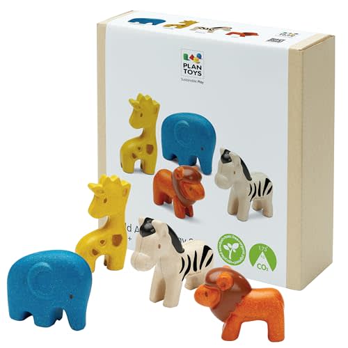 PlanToys® Wild Animals Wooden Montessori Safari Set for Kids Creative Play | 4-piece wild animals, wooden safari figurines, montessori imaginative play, language social skill, open-ended learning, kids