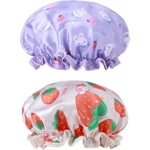 TIESOME Kids Shower Caps, 2 PCS Yellow & Purple Waterproof Double Layers Shower Caps Cute Rabbit Bonnets Elastic Band Bonnet Satin and Eva Soft Kids Sleeping Cap Reusable Shower Cap for Kids