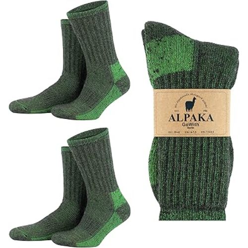 GoWith 2 Pairs Hiking Alpaca Wool Crew Socks for Men & Women, Merino Wool Full Cushioned & Terry Cozy Fuzzy Socks