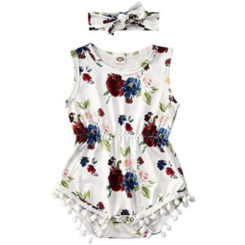 Infant Baby Girls Clothes Summer Floral Tassel Romper Bodysuit Sleeveless Jumpsuit Outfits with Headband