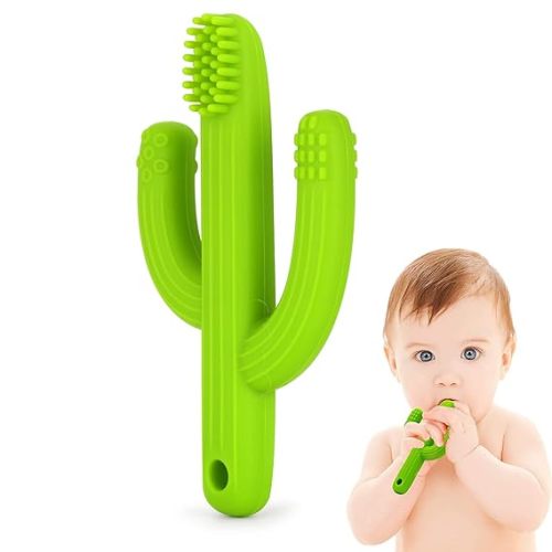 Cactus Teether Baby Toothbrush, Self-Soothing Pain Relief Soft Baby Teething Toys, Training Kids Toothbrush for Babies, Toddlers, Infants, Boy and Girl, Natural Organic BPA Free(Green)