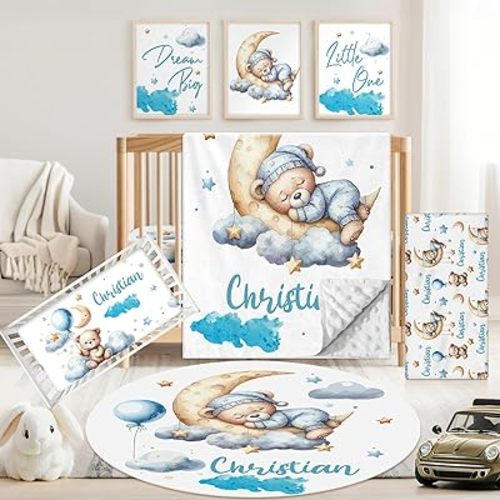 Personalized Baby Crib Bedding Set, 5 Pcs Custom Name Nursery Bedding Set for Girls Boys, Blue Moon Bear Baby Crib Set for Toddlers Infants, Double Layer Bedding Crib Sets Customized Gifts