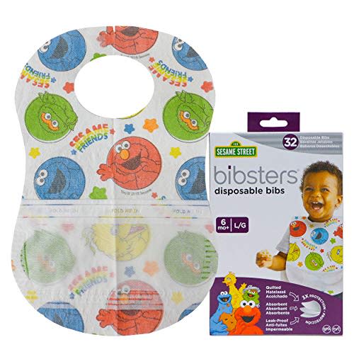 Bibsters Sesame Street Large Disposable Bibs with Patented Crumb-Catcher, Leakproof Liner, and Reusable Fastener -Age 6 Months and Up (Pack of 32)