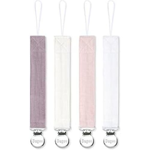 Pacifier Clip for Baby Boy and Girl - Linen Soft Fabric Pacifier Hold with Clip for Binky, Leash Soothie Holder Unisex 4 Pack (Pink)