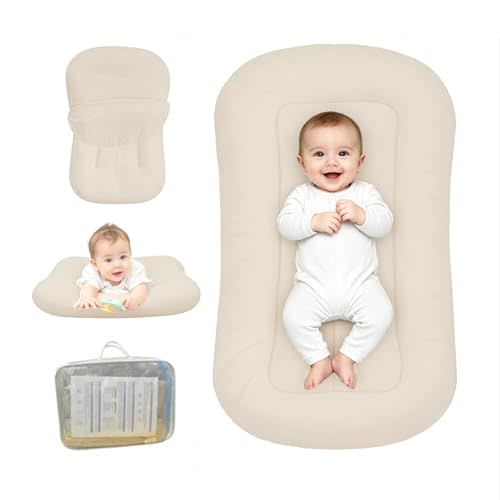 Baby Lounger for Newborn, Bionic Design Baby Lounger, Soft Organic Cotton Breathable Lounger for Infants 0-24 Months (Light Khaki)