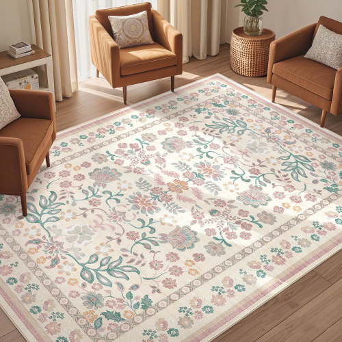 Toyoso 6x9 Area Rug Living Room Rugs - Washable Vintage Floral Soft Thin Large Rug Indoor Floor No Slip Rug Carpet for Bedroom Under Dining Table Home Office Decor - Pink Green