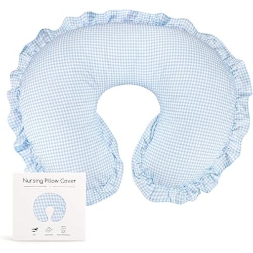 DILIMI Cotton Nursing Pillow Cover, Removable Ruffled Pillowcase for Breastfeeding Pillows, Ultra Soft Comfortable Slipcover for Baby Girl and Boy, Blue Gingham